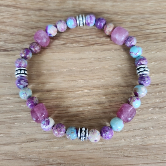 Hand Crafted Jewelry - Pink Strawberry Quartz & Blue Galaxy Sea Sediment Jasper Gemstone Beads Bracelet